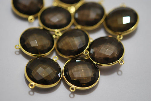 92.5 Sterling Vermeil Silver Gold Plated,Smoky Quartz Faceted Coins Shape Connector, 5 Piece Of 26mm - Jalvi & Co.
