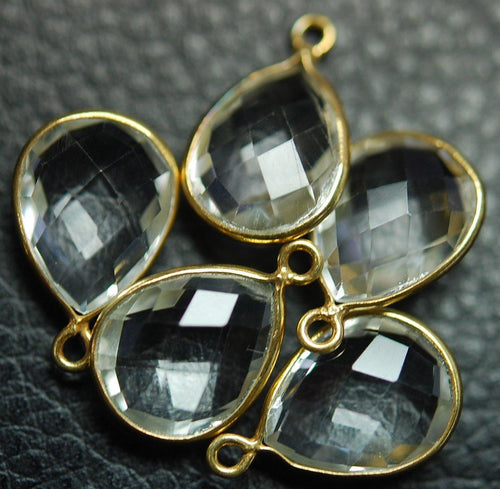 92.5 Sterling Vermeil Silver Rock Crystal Quartz Faceted Pear Shape 24K Gold Plated Pendant, 5 Piece Of 17mm - Jalvi & Co.