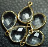 92.5 Sterling Vermeil Silver Rock Crystal Quartz Faceted Pear Shape 24K Gold Plated Pendant, 5 Piece Of 17mm