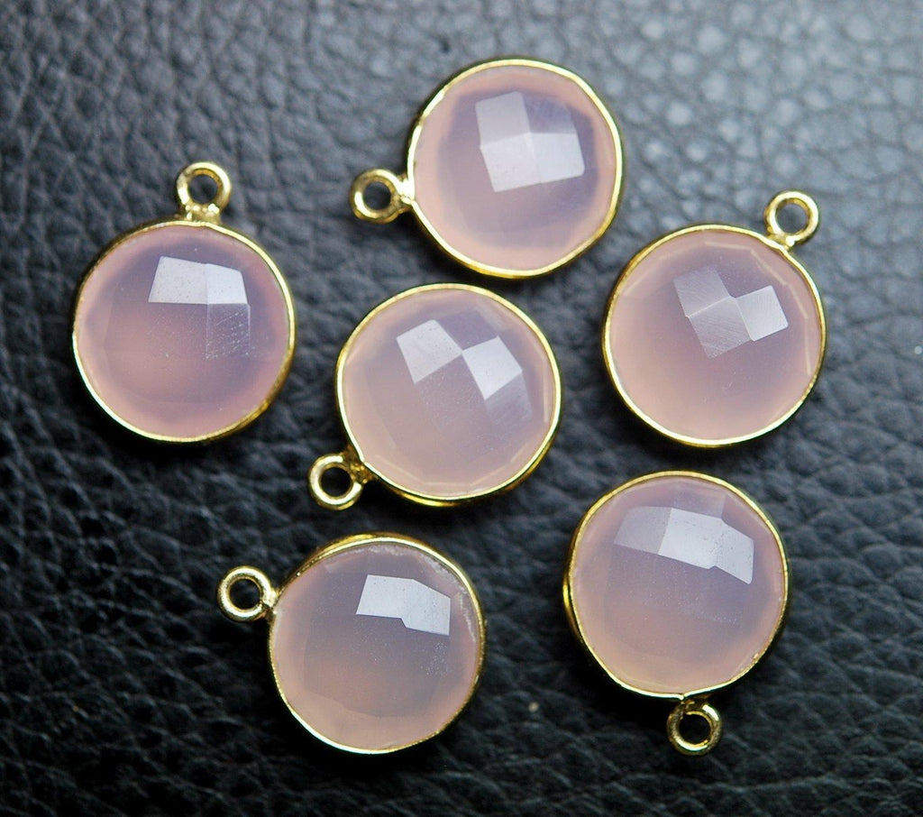 92.5 Sterling Vermeil Silver Rose Chalcedony Faceted Coins Shape 24K Gold Plated Pendant, 5 Piece Of 16mm - Jalvi & Co.