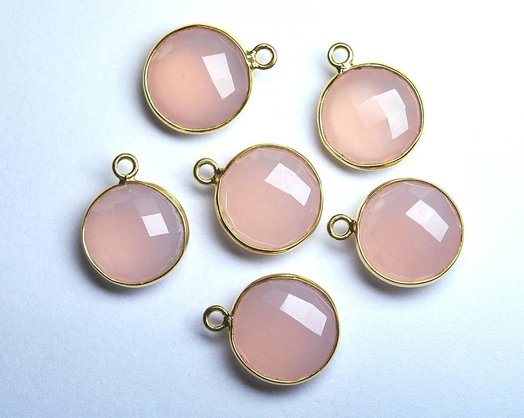 92.5 Sterling Vermeil Silver Rose Chalcedony Faceted Coins Shape 24K Gold Plated Pendant, 5 Piece Of 16mm - Jalvi & Co.