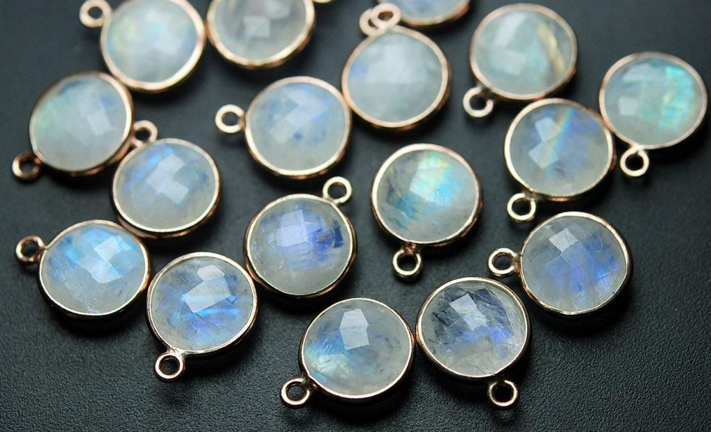 925 Sterling Rose Gold,Rainbow Moonstone Faceted Coins Shape Connector, 30 Piece Of 14mm - Jalvi & Co.