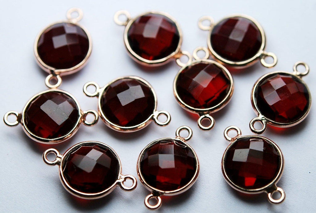 925 Sterling Rose Gold,Ruby Red Quartz Faceted Coins Shape Connector, 10 Piece Of 17mm - Jalvi & Co.