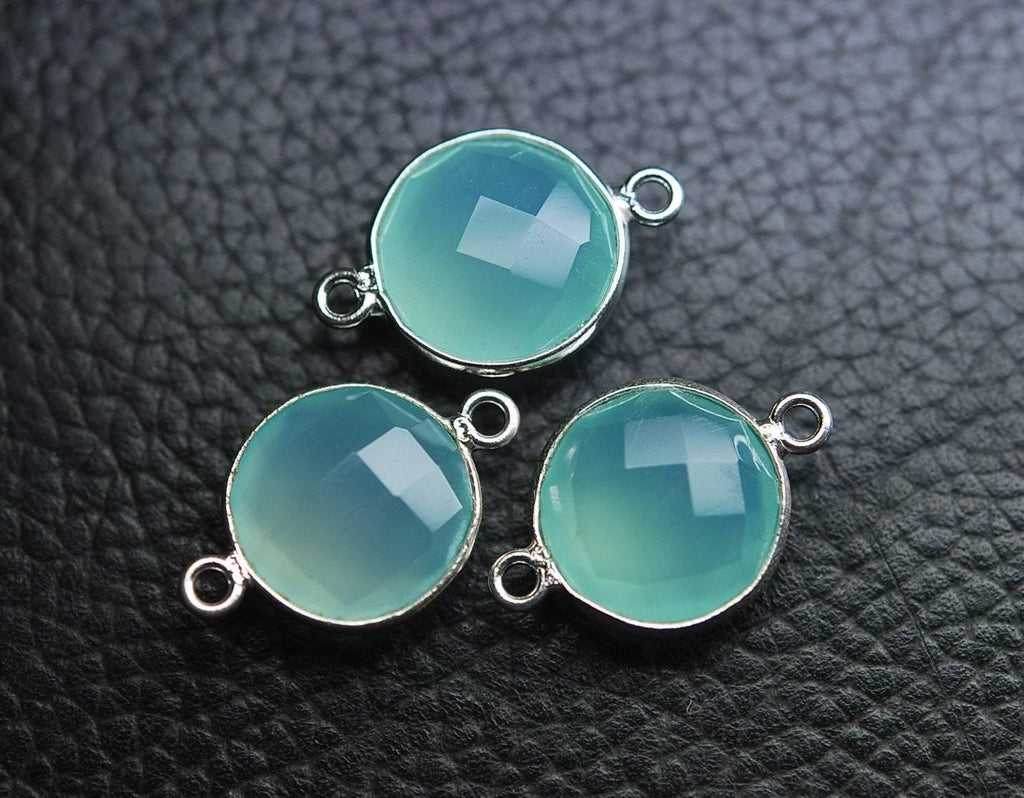 925 Sterling Silver, Aqua Chalcedony Faceted Coins Shape Connector, 10 Piece Of 19mm - Jalvi & Co.