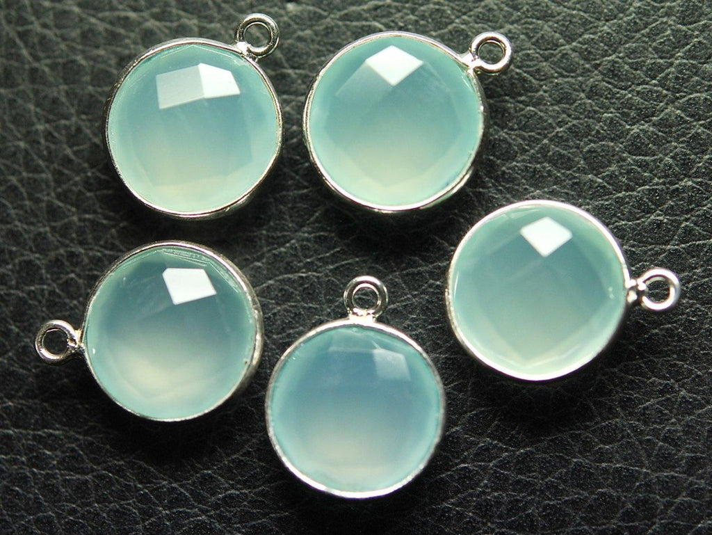 925 Sterling Silver Aqua Chalcedony Faceted Coins Shape Pendant, 30 Piece Of 16mm - Jalvi & Co.