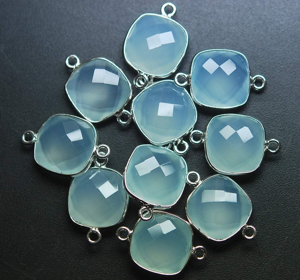 925 Sterling Silver Aqua Chalcedony Faceted Cushion Shape Connector Pendant, 20 Piece 19mm - Jalvi & Co.