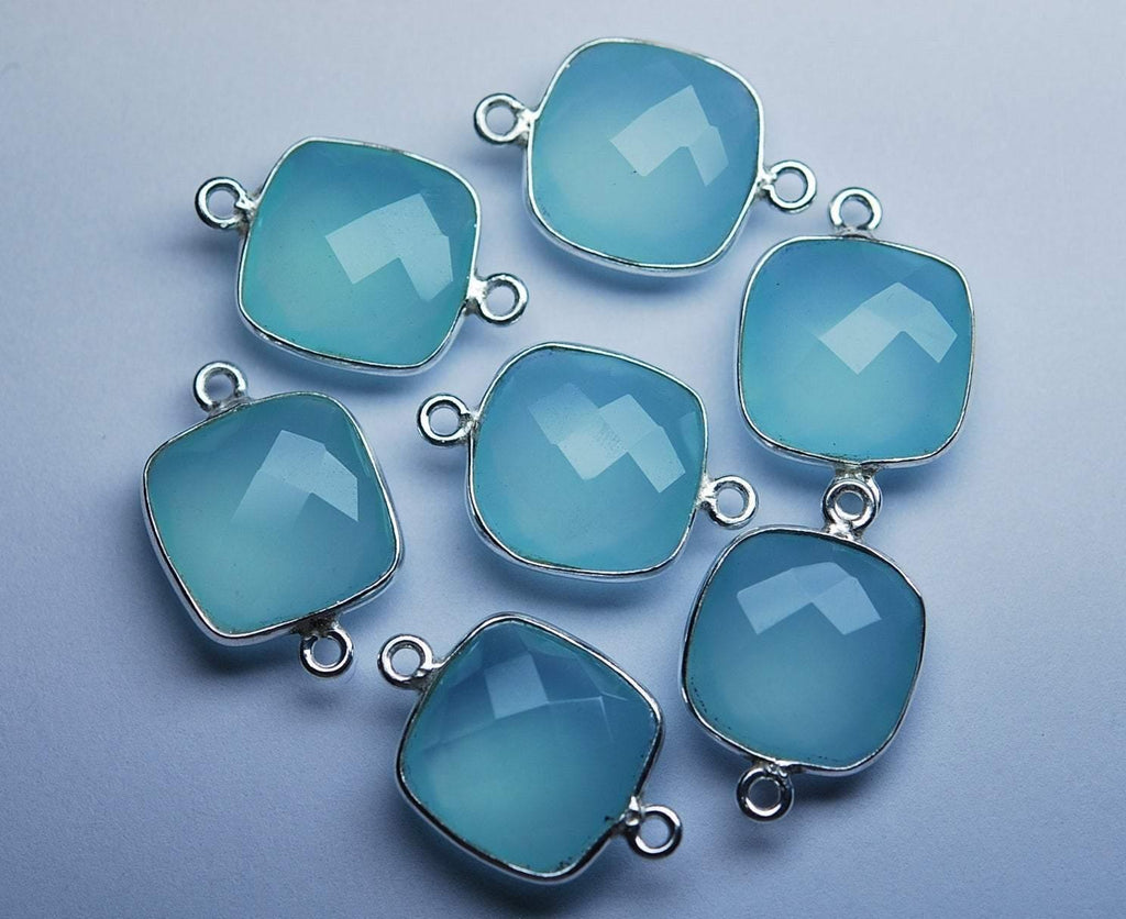 925 Sterling Silver Aqua Chalcedony Faceted Cushion Shape Connector Pendant, 20 Piece 19mm - Jalvi & Co.