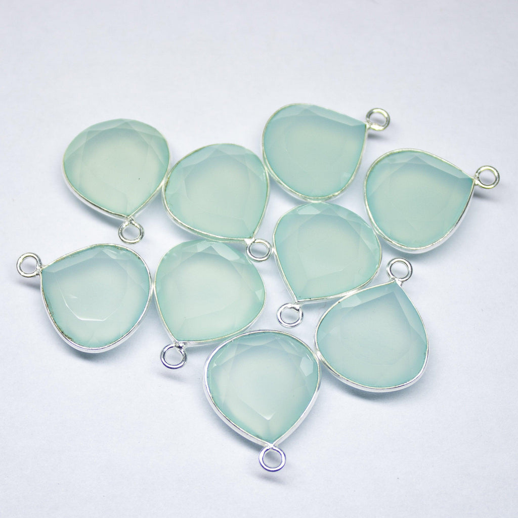 925 Sterling Silver, Aqua Chalcedony Faceted Heart Shape Pendant, 4 Piece Of 18mm - Jalvi & Co.