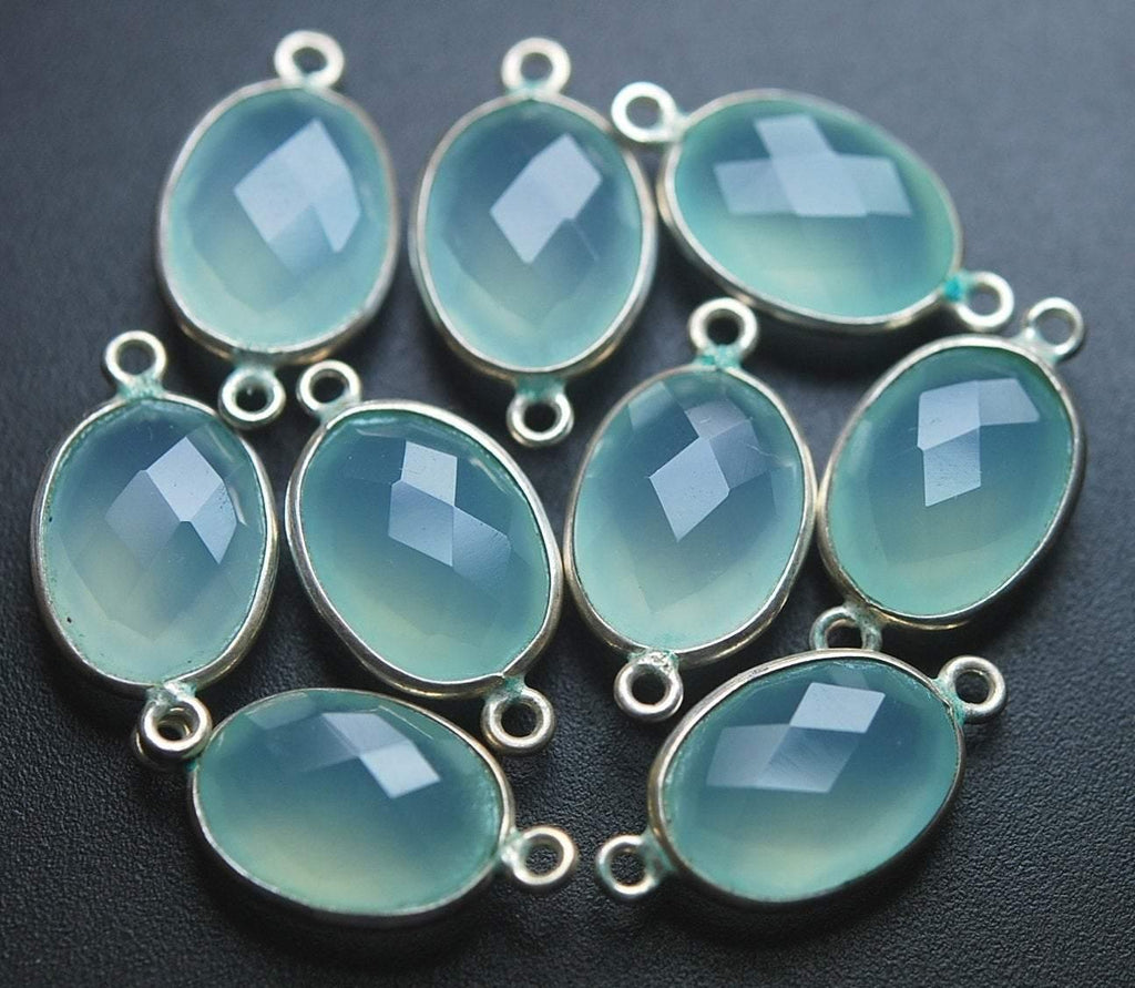 925 Sterling Silver, Aqua Chalcedony Faceted Oval Shape Connector, 10 Piece Of 21mm - Jalvi & Co.