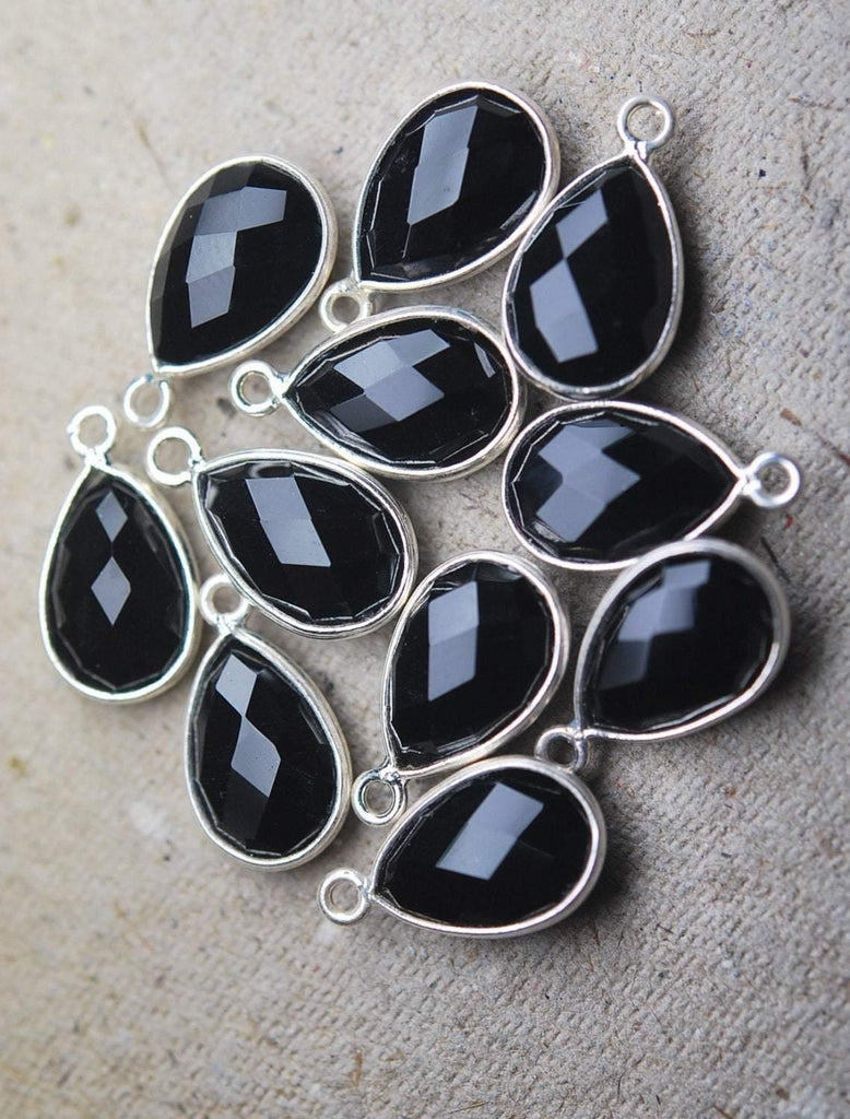 925 Sterling Silver Black Onyx Faceted Pear Shape Pendant, 5 Piece Of 16mm - Jalvi & Co.