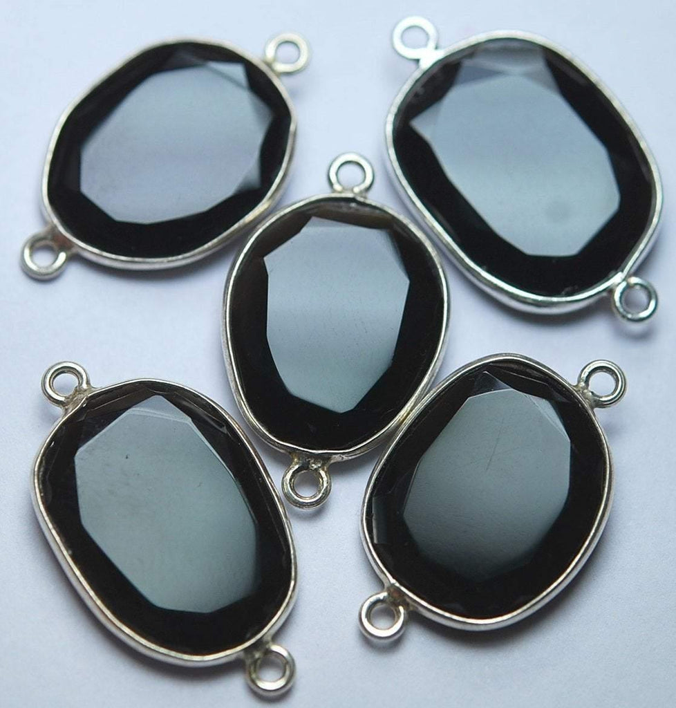 925 Sterling Silver Black Onyx Faceted Slice Shape Connector, 5 Piece Of 23-25mm - Jalvi & Co.