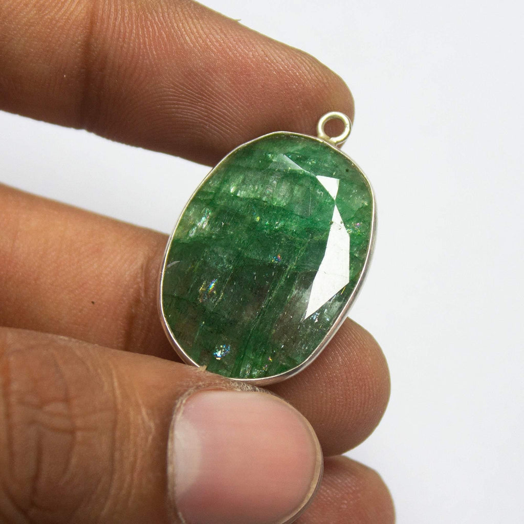 925 Sterling Silver, Emerald Oval Cut Shape Charm Pendant, 1 Piece of 30mm Approx - Jalvi & Co.