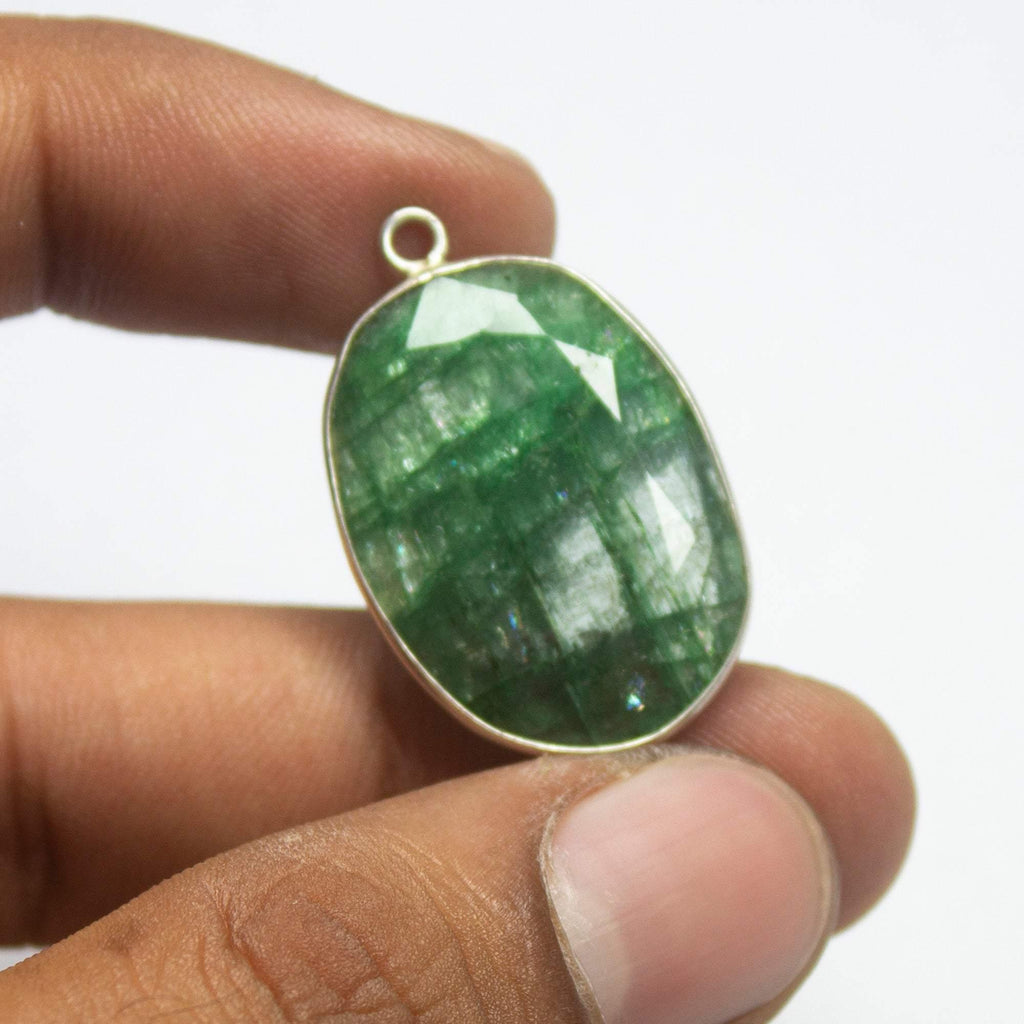 925 Sterling Silver, Emerald Oval Cut Shape Charm Pendant, 1 Piece of 30mm Approx - Jalvi & Co.