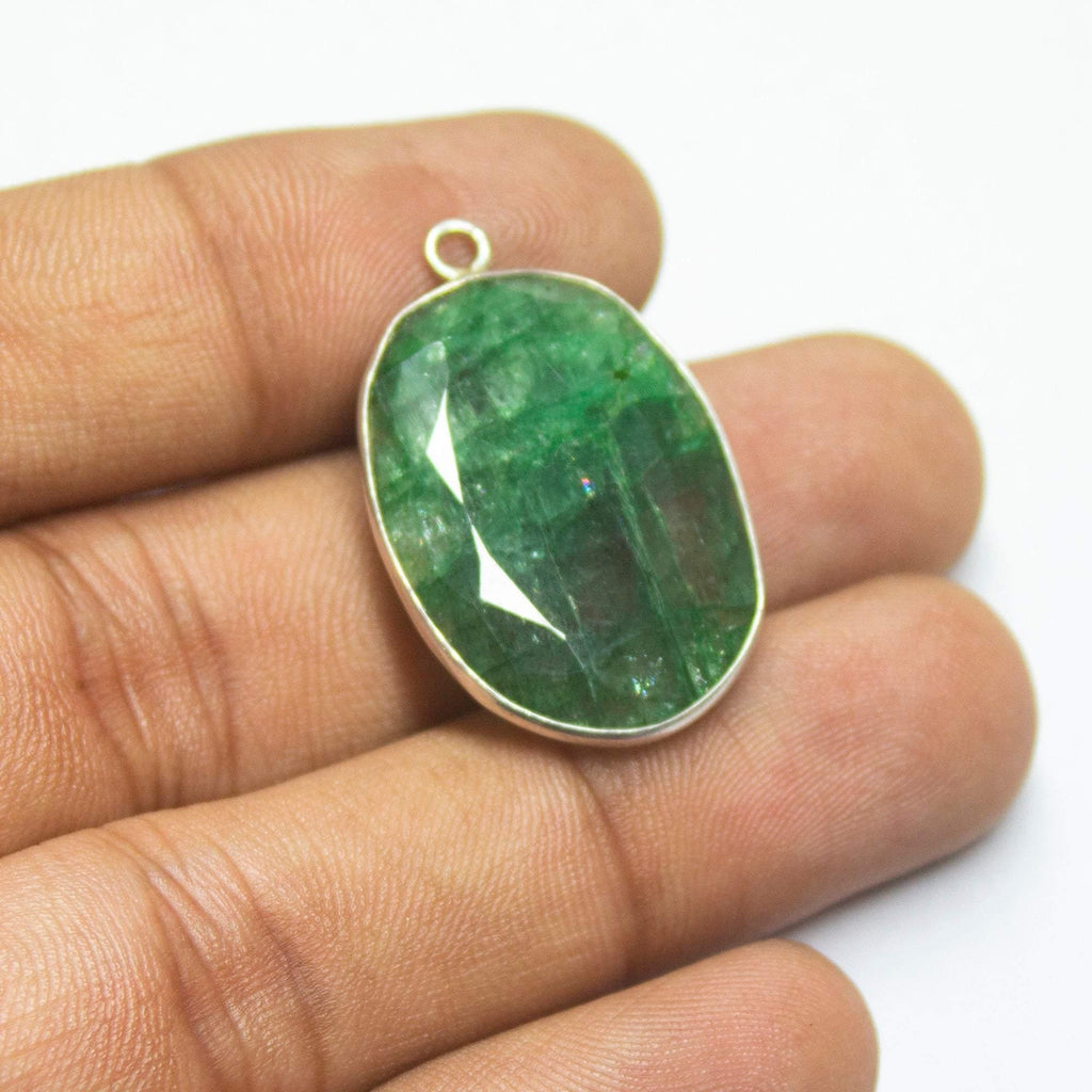 925 Sterling Silver, Emerald Oval Cut Shape Charm Pendant, 1 Piece of 30mm Approx - Jalvi & Co.