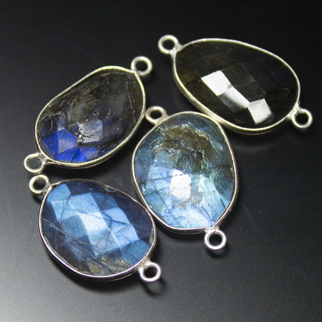 925 Sterling Silver, Labradorite Faceted Oval Shape Connector, 4 Piece of 23-24mm Approx. - Jalvi & Co.