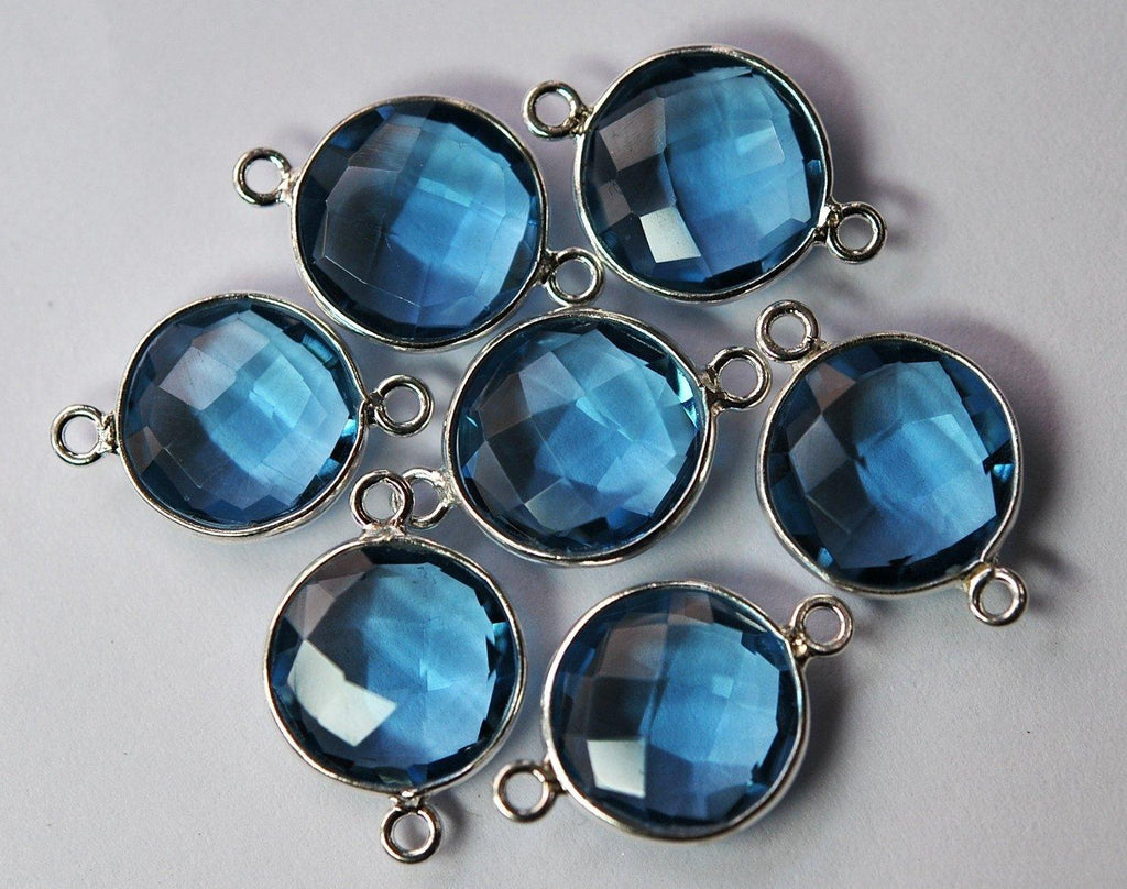 925 Sterling Silver Matched Pairs London Blue Quartz Faceted Coins Shape Pendant Connector, 10 Piece Of 19mm Approx. - Jalvi & Co.