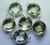 925 Sterling Silver, Natural Green Amethyst Faceted Coins Shape Connector, 2 Piece Of 21mm