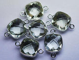 925 Sterling Silver Natural Green Amethyst Faceted Cushion Shape Connector 10 Piece Of 19mm