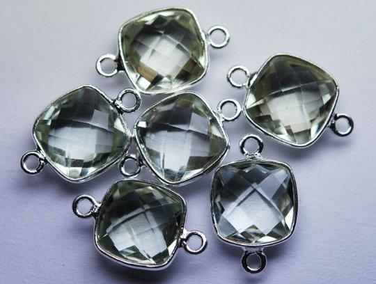 925 Sterling Silver Natural Green Amethyst Faceted Cushion Shape Connector 10 Piece Of 19mm - Jalvi & Co.