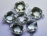 925 Sterling Silver, Natural Green Amethyst Faceted Cushion Shape Connector, 15 Piece Of 17mm