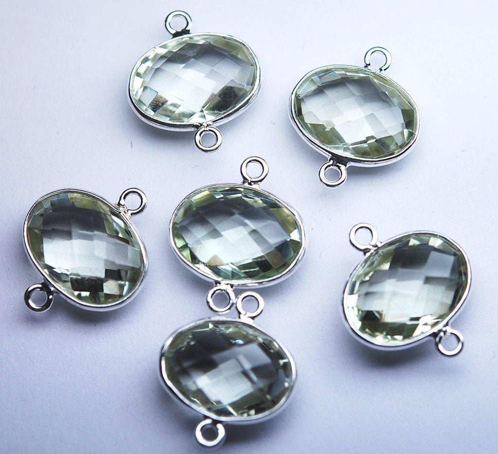 925 Sterling Silver, Natural Green Amethyst Faceted Oval Shape Connector, 5 Piece Of 19mm - Jalvi & Co.