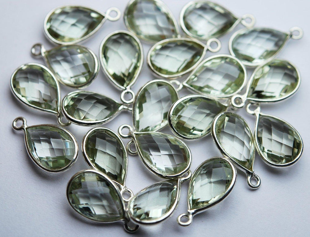 925 Sterling Silver, Natural Green Amethyst Faceted Pear Shape Connector, 5 Piece Of 16mm - Jalvi & Co.