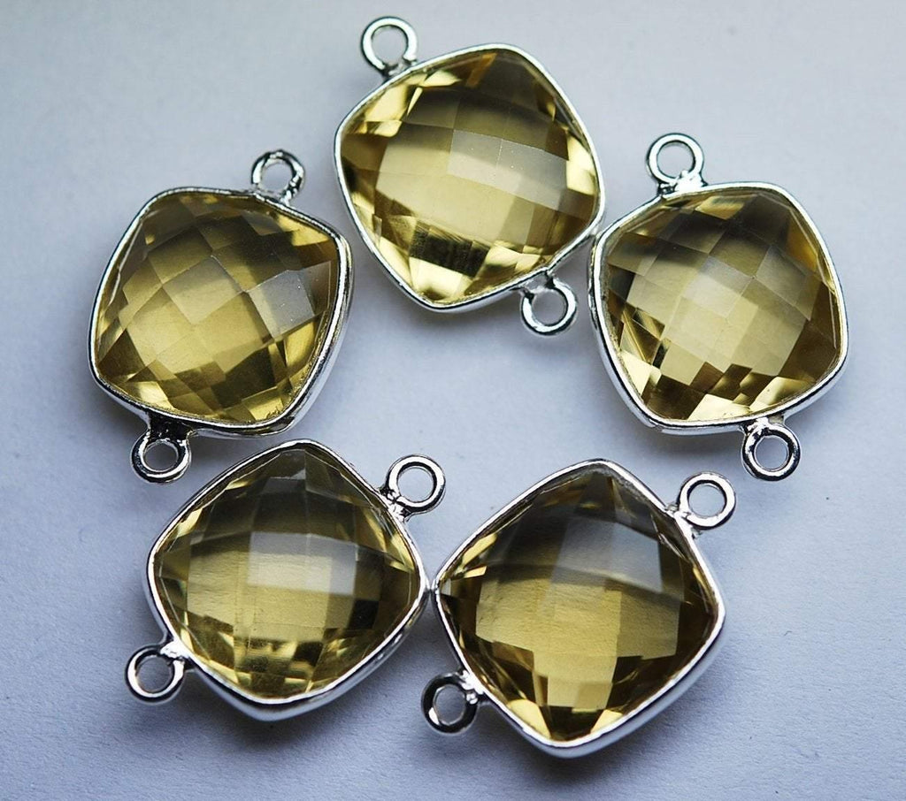 925 Sterling Silver, Natural Honey Quartz Faceted Cushion Shape Connector, 5 Piece Of 19mm - Jalvi & Co.