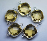 925 Sterling Silver, Natural Honey Quartz Faceted Cushion Shape Connector, 5 Piece Of 19mm