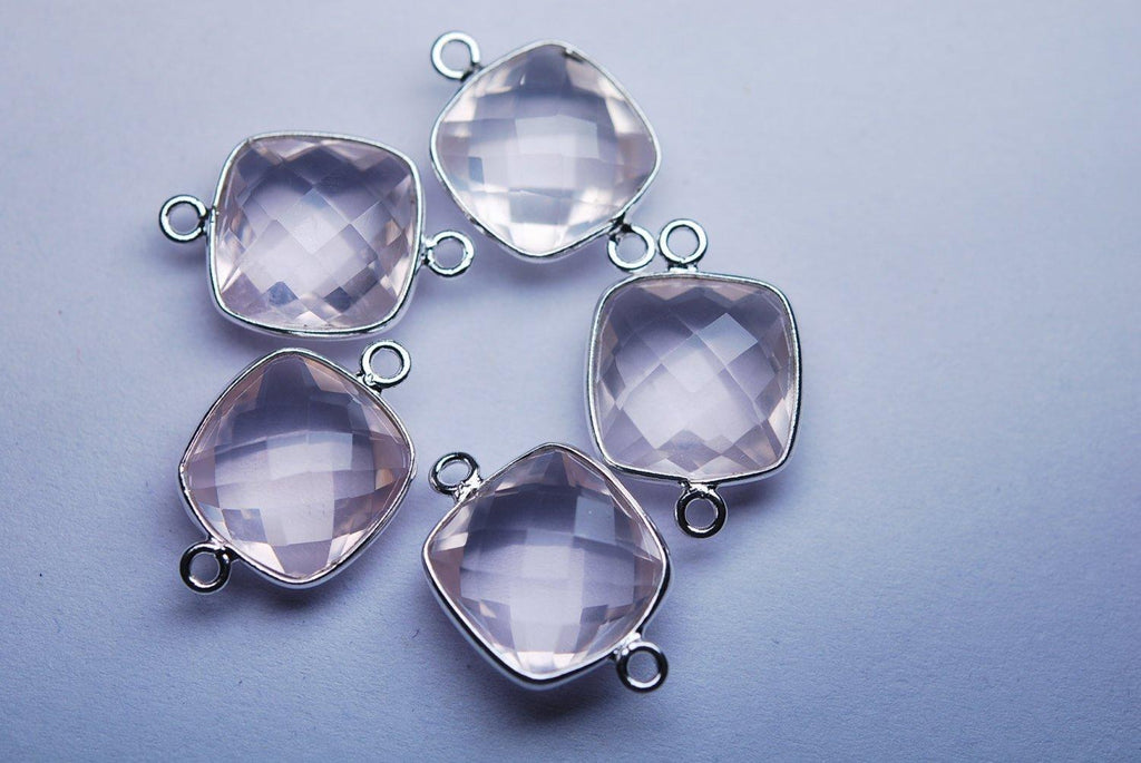 925 Sterling Silver, Natural Rose Quartz Faceted Cushion Shape Connector, 15 Piece Of 17mm - Jalvi & Co.