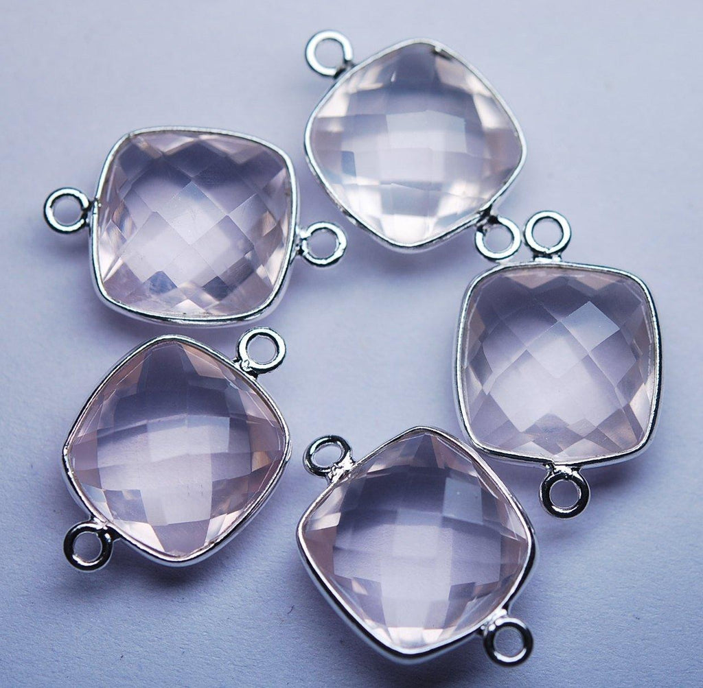 925 Sterling Silver, Natural Rose Quartz Faceted Cushion Shape Connector, 15 Piece Of 17mm - Jalvi & Co.