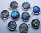 925 Sterling Silver One Loop Labradorite Faceted Coins Shape Connector, 6 Piece 16mm