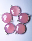 925 Sterling Silver, Rose Chalcedony Faceted Coins Shape Pendant, 5 Piece Of 23mm