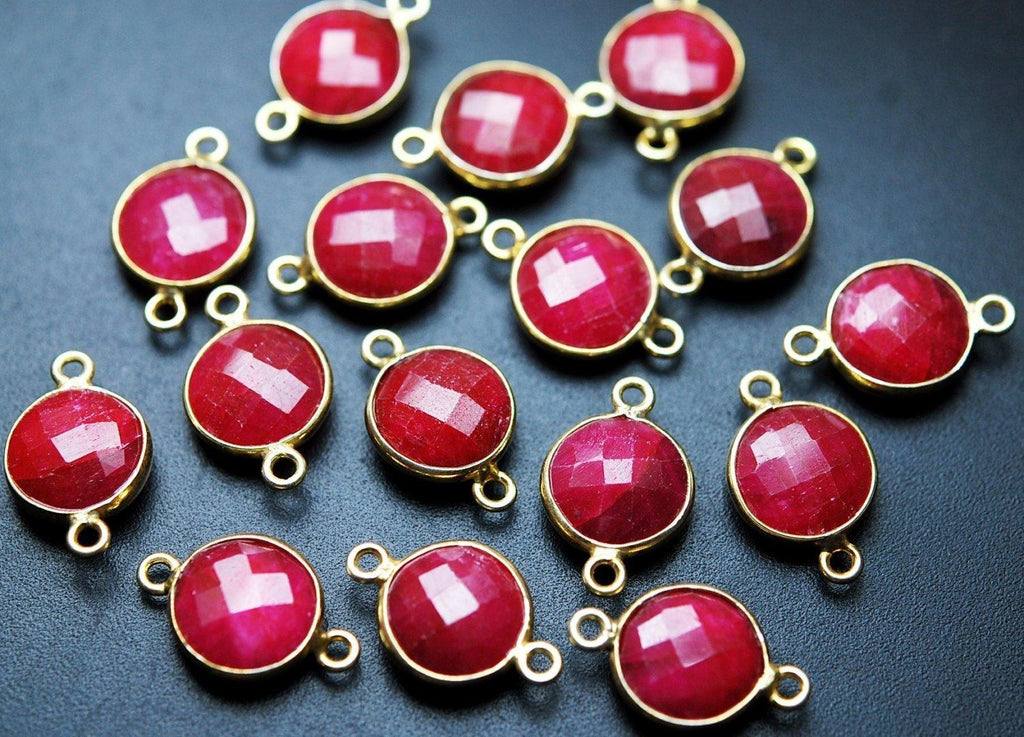 925 Sterling Silver Vermeil Natural Dyed Ruby Faceted Coins Shape Connector, 2 Piece Of 17mm Approx. - Jalvi & Co.