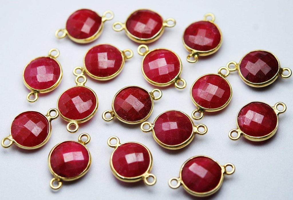 925 Sterling Silver Vermeil Natural Dyed Ruby Faceted Coins Shape Connector, 2 Piece Of 17mm Approx. - Jalvi & Co.