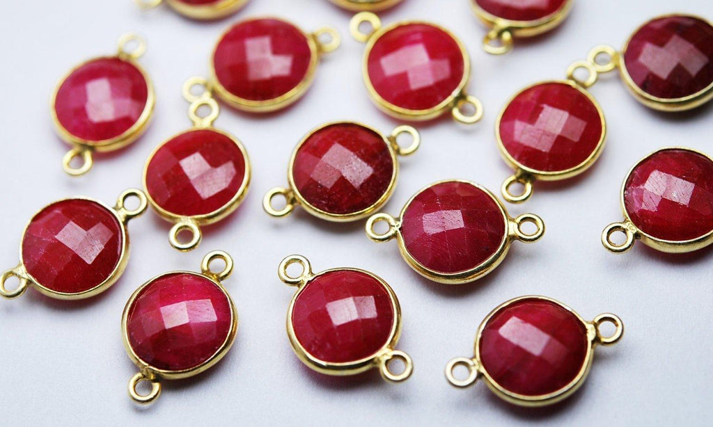 925 Sterling Silver Vermeil Natural Dyed Ruby Faceted Coins Shape Connector, 2 Piece Of 17mm Approx. - Jalvi & Co.