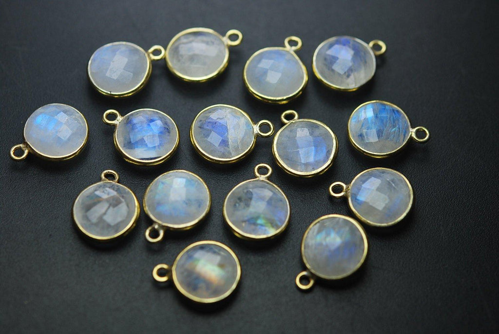 925 Sterling Silver Vermeil, Rainbow Moonstone Faceted Coins Shape Pendant, 10 Piece Of 14mm Approx - Jalvi & Co.