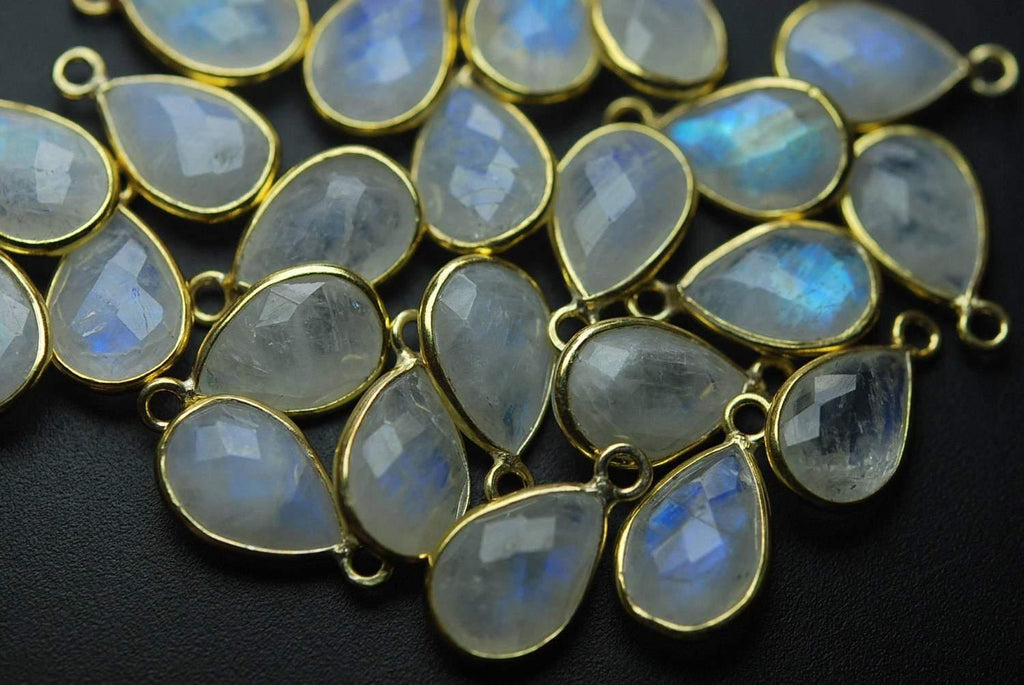 925 Sterling Silver Vermeil Rainbow Moonstone Faceted Pear Shape Pendant, 10 Piece Of 18mm - Jalvi & Co.