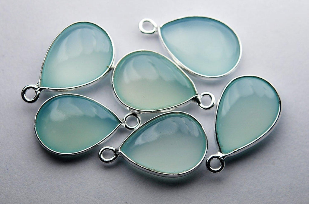 925 Sterling Silver,Aqua Chalcedony Smooth Pear Shape Pendant, 10 Piece Of 18mm - Jalvi & Co.