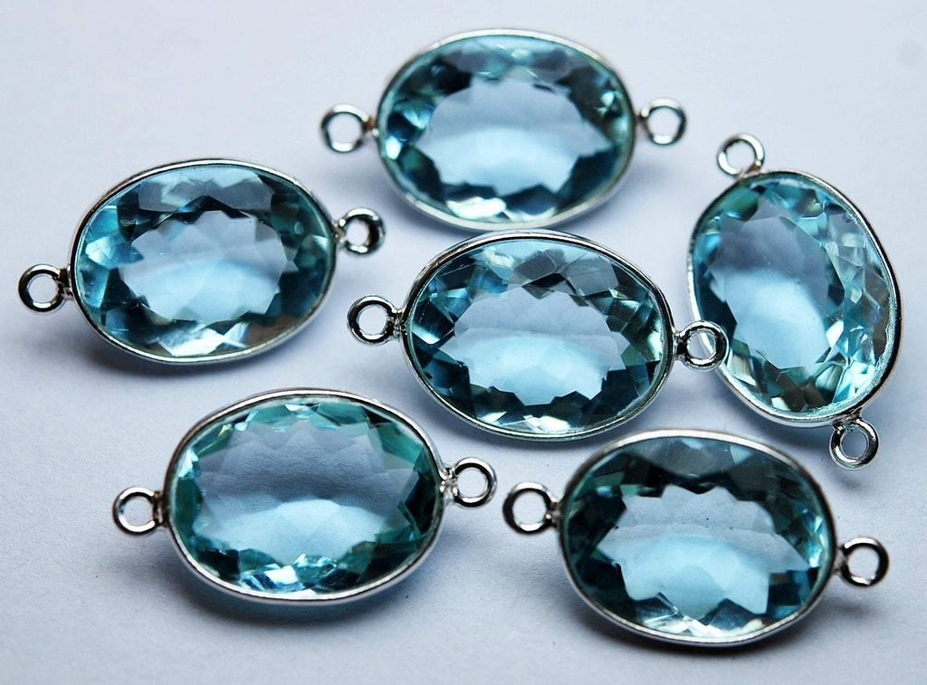 925 Sterling Silver,Aquamarine Blue Quartz Faceted Oval Shape Connector, 2 Piece Of 23mm Approx - Jalvi & Co.