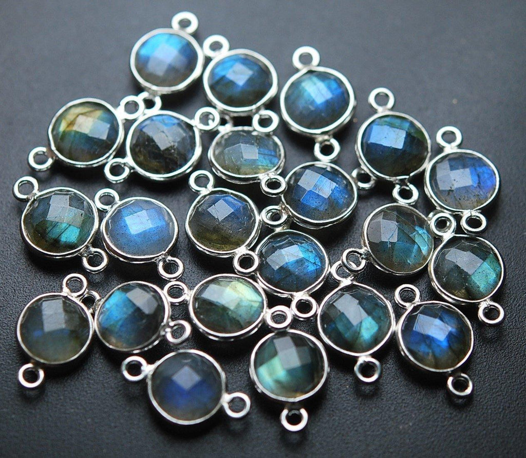 925 Sterling Silver,Blue Flash Labradorite Faceted Coins Shape Connector, 10 Piece 15mm - Jalvi & Co.