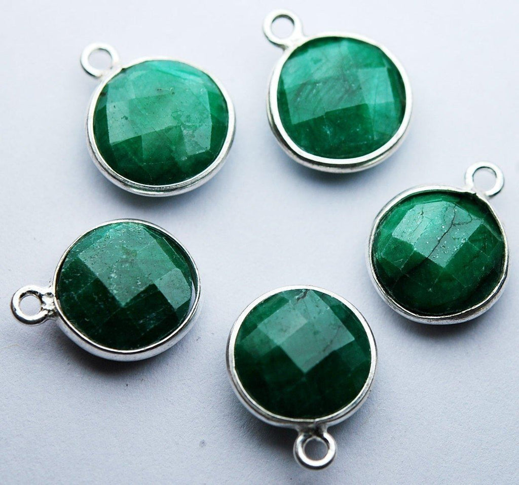 925 Sterling Silver,Dyed Natural Green Emerald Faceted Coins Shape charm, 8 Piece Of 14mm Approx - Jalvi & Co.