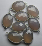 925 Sterling Silver,Gray Chalcedony Faceted Oval Shape Connector, 5 Piece Of 23mm Approx