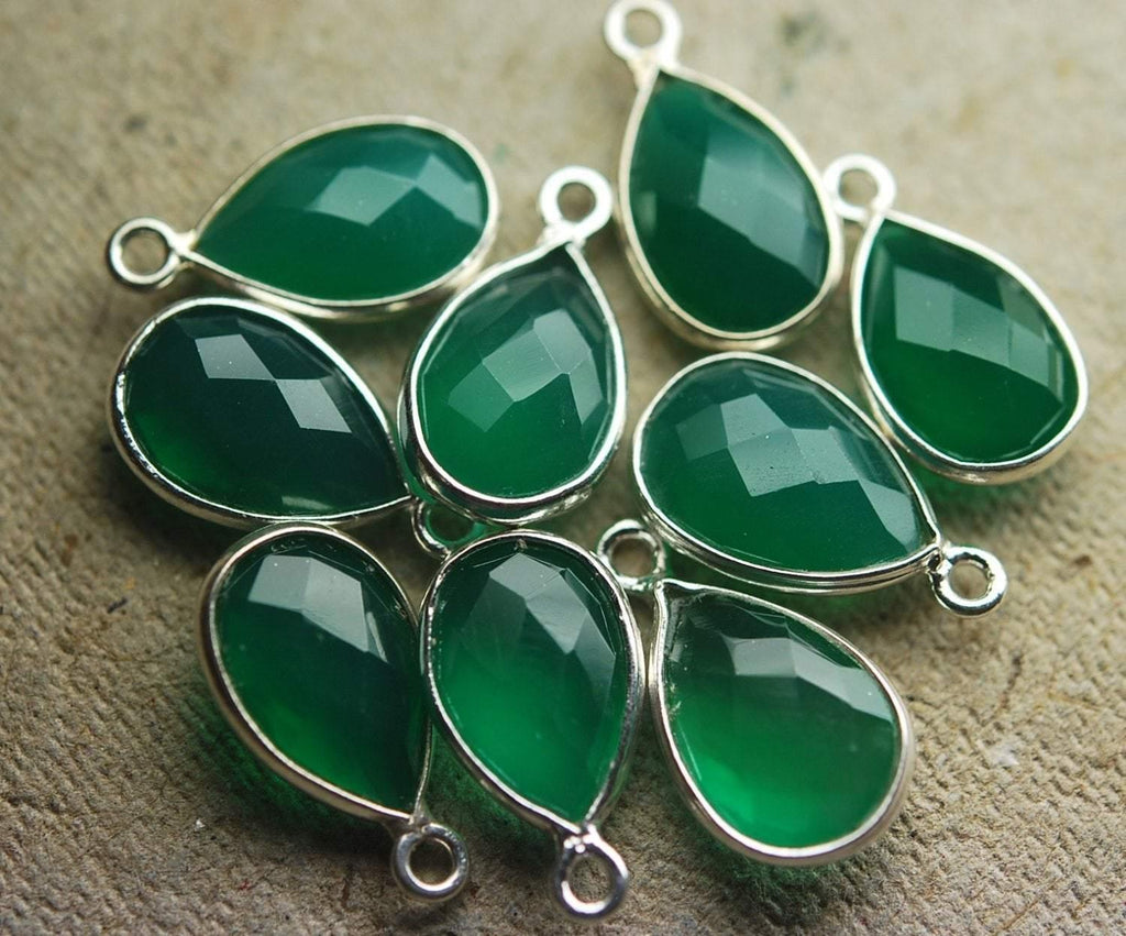 925 Sterling Silver,Green Onyx Faceted Pear Shape Pendant, 10 Piece Of 16mm - Jalvi & Co.