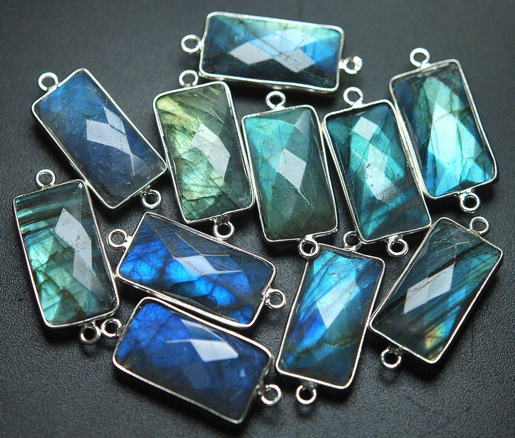 925 Sterling Silver,Labradorite Faceted Baguettes Shape Connector, 5 Piece Of 27mm Approx - Jalvi & Co.