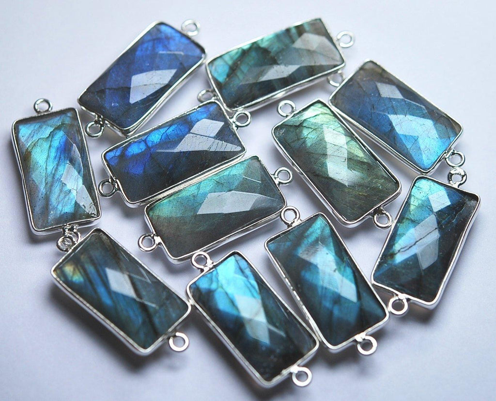 925 Sterling Silver,Labradorite Faceted Baguettes Shape Connector, 5 Piece Of 27mm Approx - Jalvi & Co.