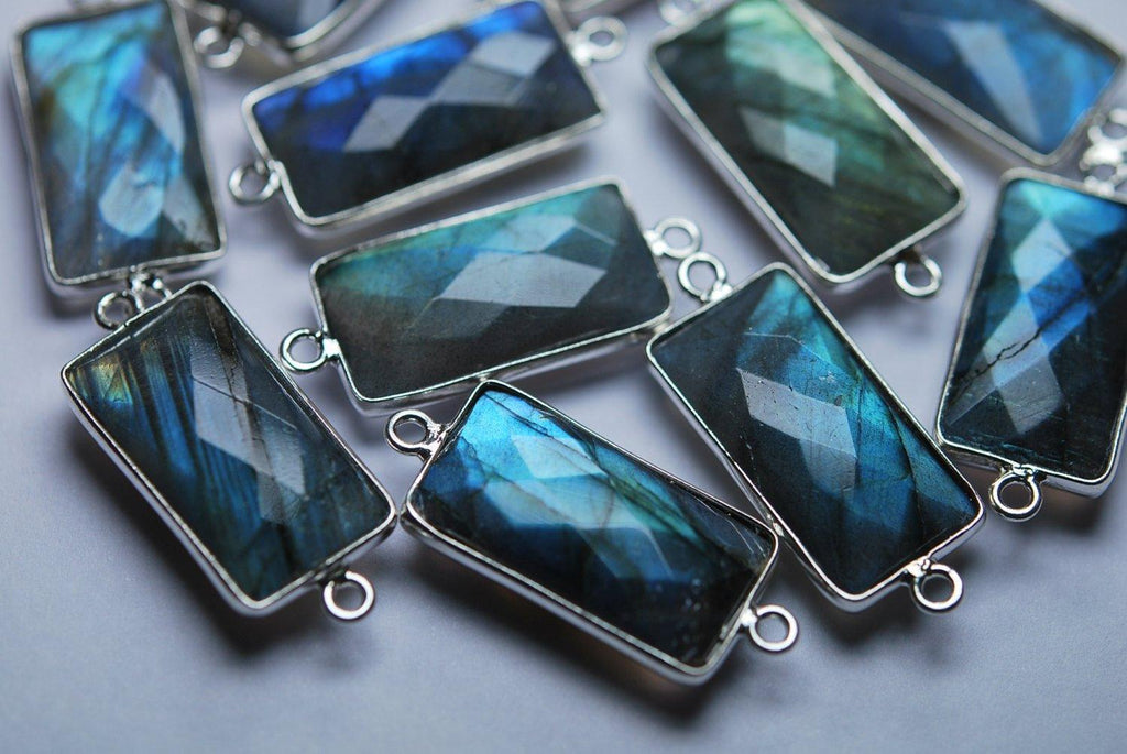 925 Sterling Silver,Labradorite Faceted Baguettes Shape Connector, 5 Piece Of 27mm Approx - Jalvi & Co.