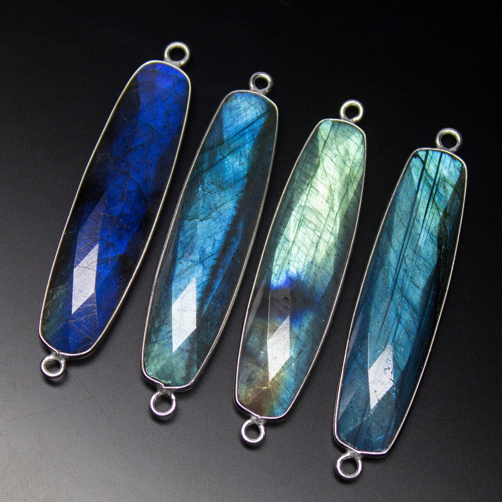 925 Sterling Silver,Labradorite Faceted Baguettes Shape Pendant, 2 Piece Of 47mm Approx - Jalvi & Co.