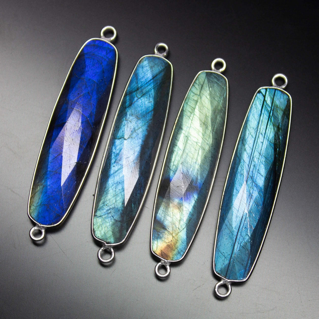 925 Sterling Silver,Labradorite Faceted Baguettes Shape Pendant, 2 Piece Of 47mm Approx - Jalvi & Co.