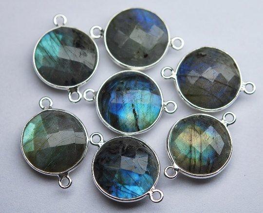 925 Sterling Silver,Labradorite Faceted Coins Shape Connector, 2 Piece 23mm - Jalvi & Co.