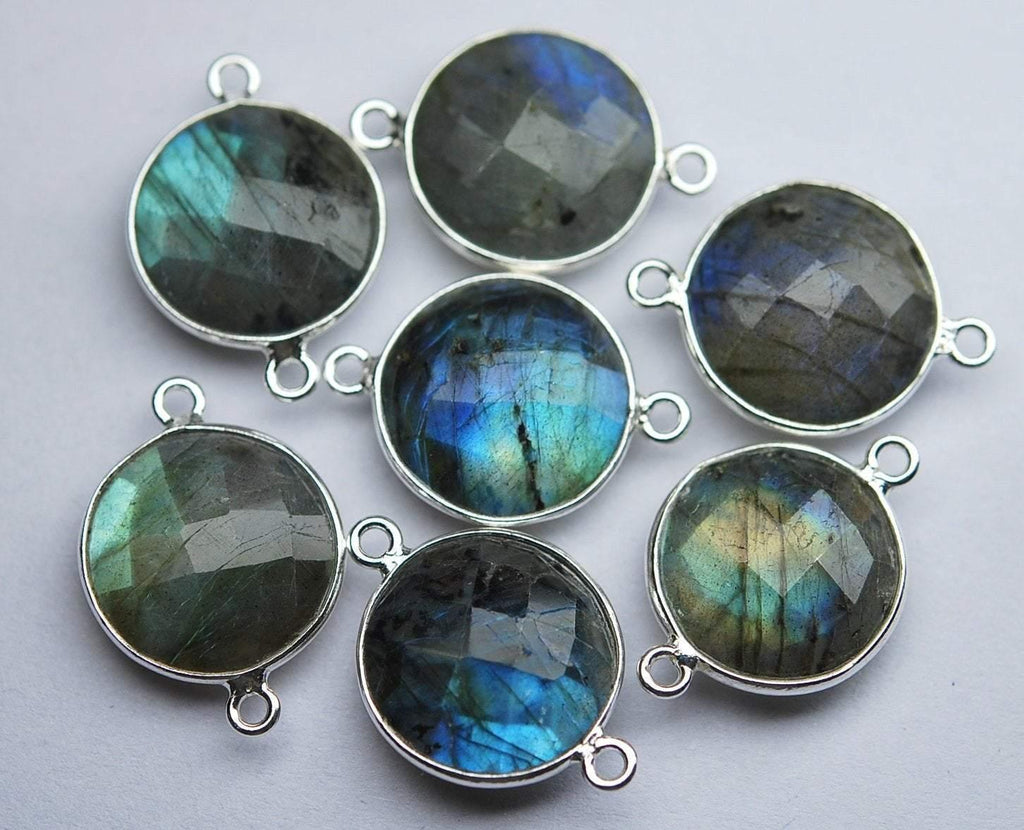 925 Sterling Silver,Labradorite Faceted Coins Shape Connector, 5 Piece 21mm - Jalvi & Co.